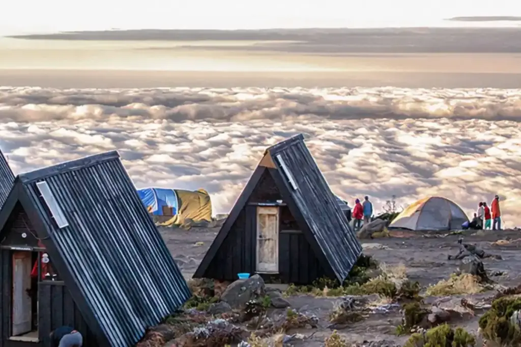 A-frame huts at a camp above the clouds on Kilimanjaro