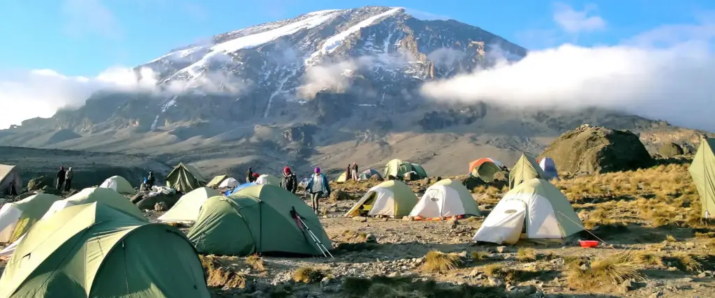 Climbers’ tents on the slopes below the summit of Kilimanjaro