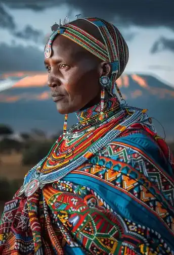 A woman in colourful traditional dress and beaded jewellery