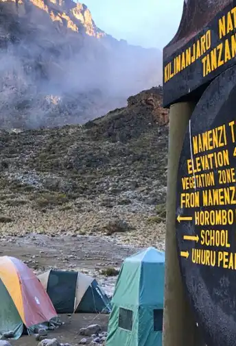 A Kilimanjaro National Park signpost beside climbers’ tents